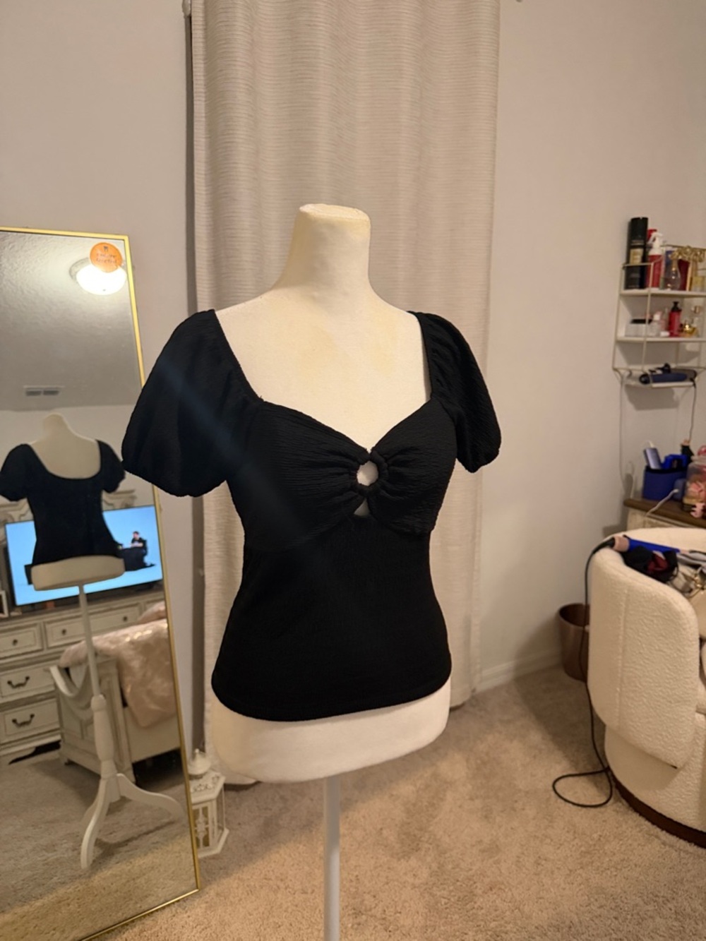 Black Puff-Sleeve Twist Front Women's Top